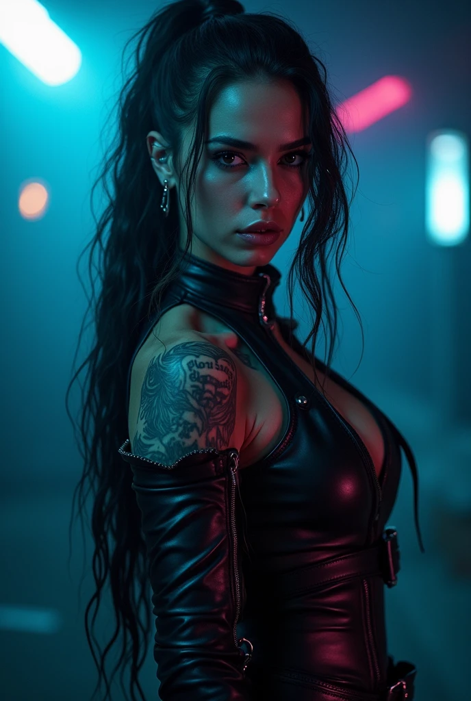 Beautiful urban warrior,,(Cabernet),, (black white hair:1.1),, (green eyes:1.2),, beautiful lady, tattoos, badass,, scifi,, urban fantasy, dark neon,((massive perfect breast, perfect nipples)),, snoopy breast, ((naked breast)),, realistic skin texture, extreme details, ultra realistic,,, detailed skin texture, closeup portrait,