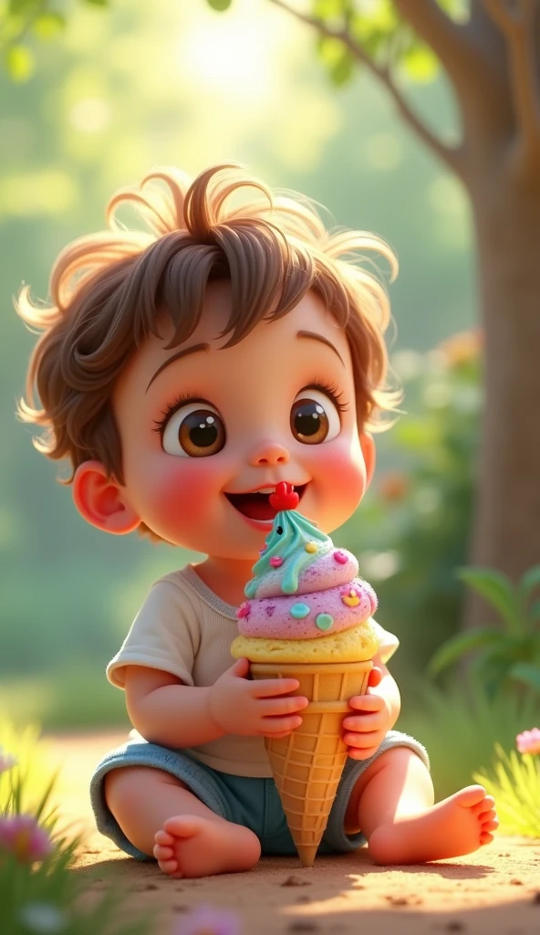 pixar animation: 1 year old baby, Wavy brown hair, Brown eyes, white skin Surrounded by lots of strawberries with a lively strawberries and cream stand 