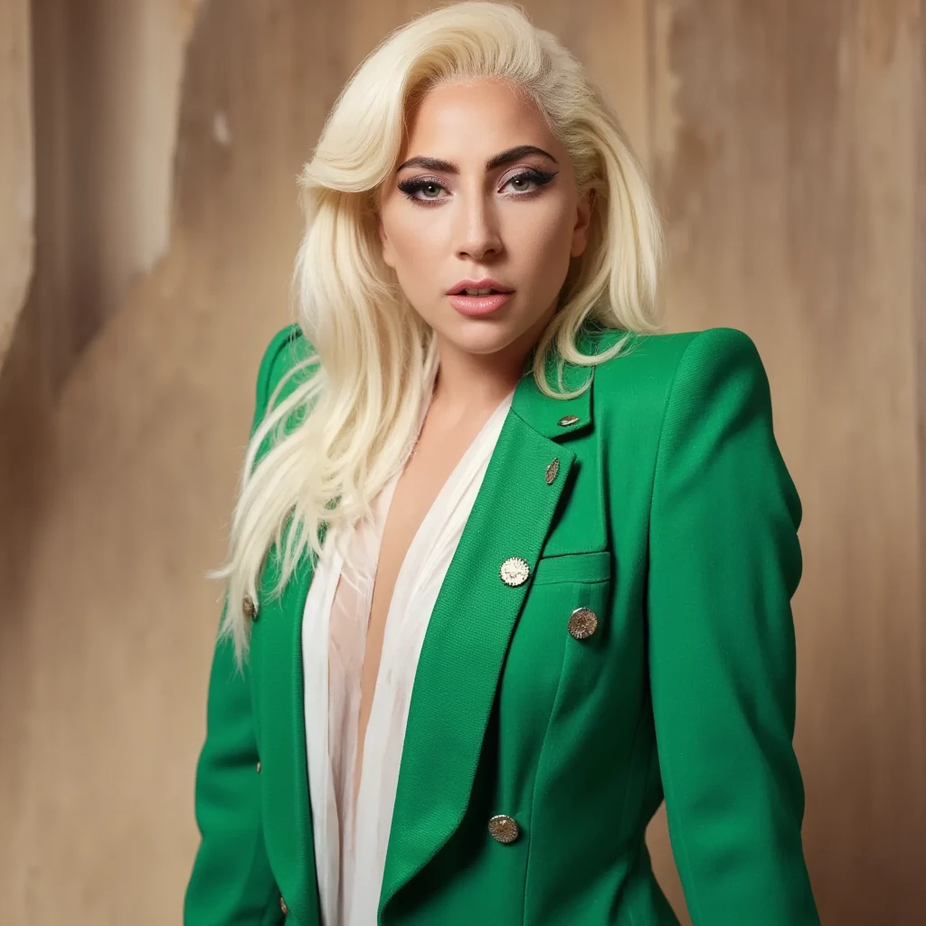 a close up of a Lady gaga in a green jacket and white dress, portrait of lady gaga, lady gaga, lady gaga artpop act ii, lady gaga with her venus hair, the super hot and sexy, glossy magazine photoshoot, lady gaga as evita, ava max, photo from a promo shoot