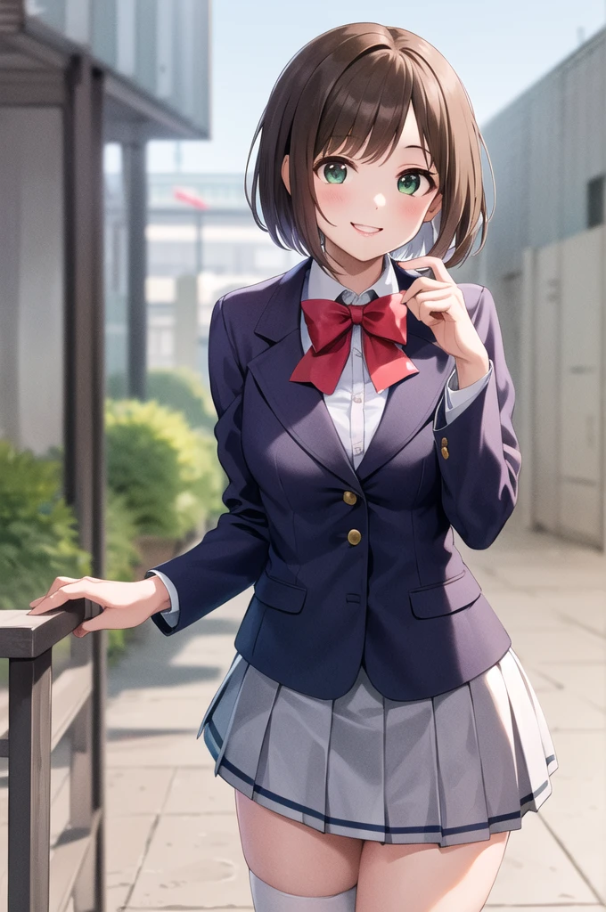 masterpiece,  best quality,  high definition , Look Ahead,  shorthair , tooth,  school uniform,  red ribbon,  colored shirt ,  blue jacket ,  blazer,  Long Sleeve ,  Pleated Skirts,  gray skirt,  black knee high ,  COWBOY SHOOTING , smile,  standing , Outdoor、 white panties 