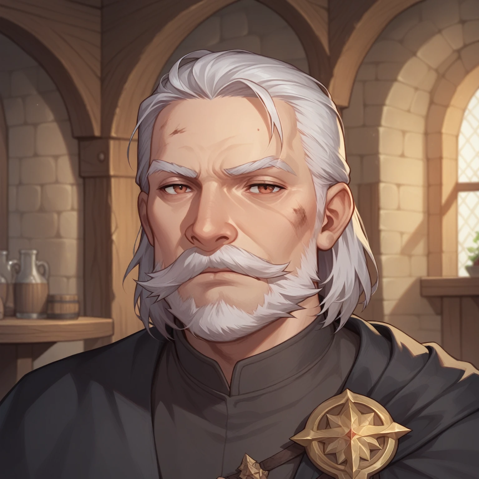 (((beautiful, high quality, detailed face))), score_9, score_8_up, score_7_up, BREAK, old man, mustache, beard, medium hair, straight hair mage, dirty robes, mage robes, black cloak, solo, portrait, upper body, portrait, facing viewer, serious face, tired look, fantasy tavern, blurred background, Expressiveh, detailxl