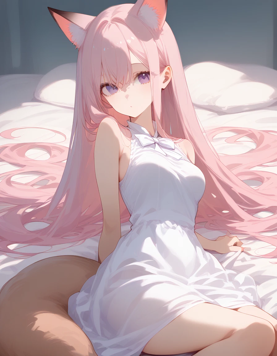 Beautiful anime girl, long pink hair, messy hair, long hair, purple eyes, fox ears, long bangs, fox tail, beautiful, ethereal, fair skin, (short white dress with bows: 1.2), ultra detailed. score_9, score_8_up, score_7_up, looking at viewer, posing. +((☺️)) slight blush. Cute