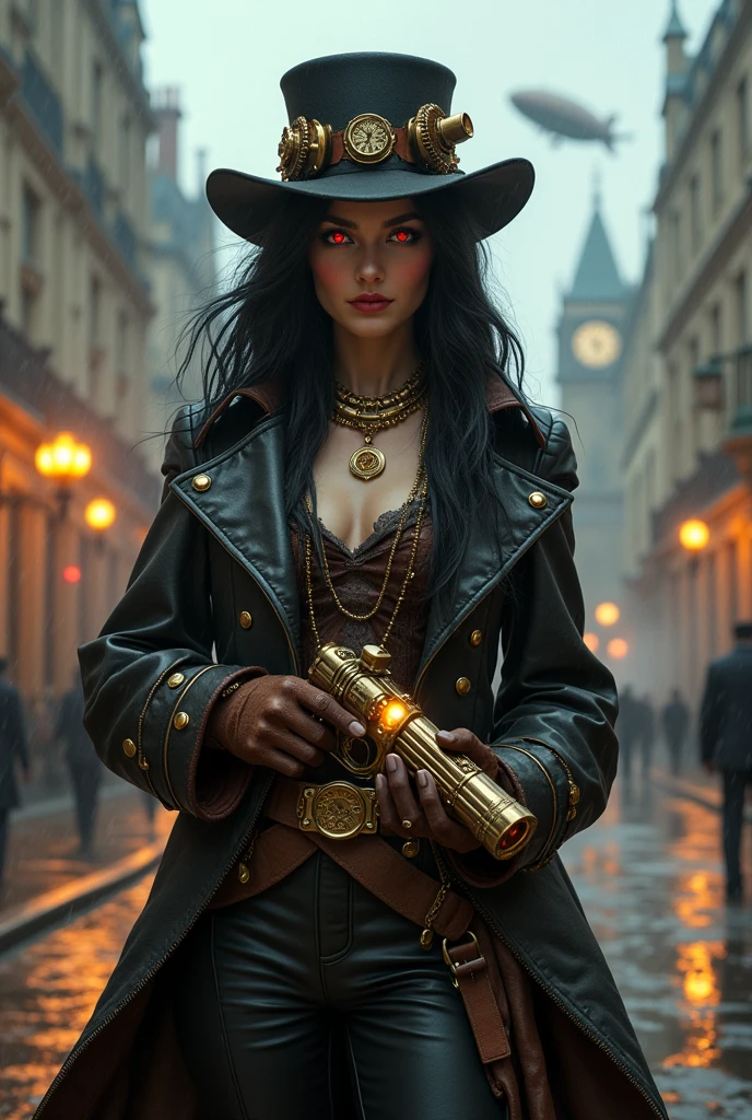 A sexy hot vampire female steampunk in a town sinister and mysterious
