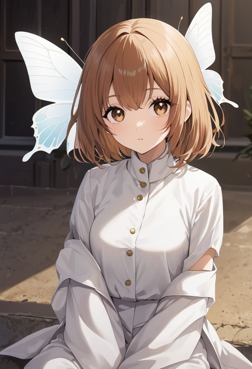 A woman who is sitting and has white butterfly haircut style and has white eyes and wears white clothes and has brown skin