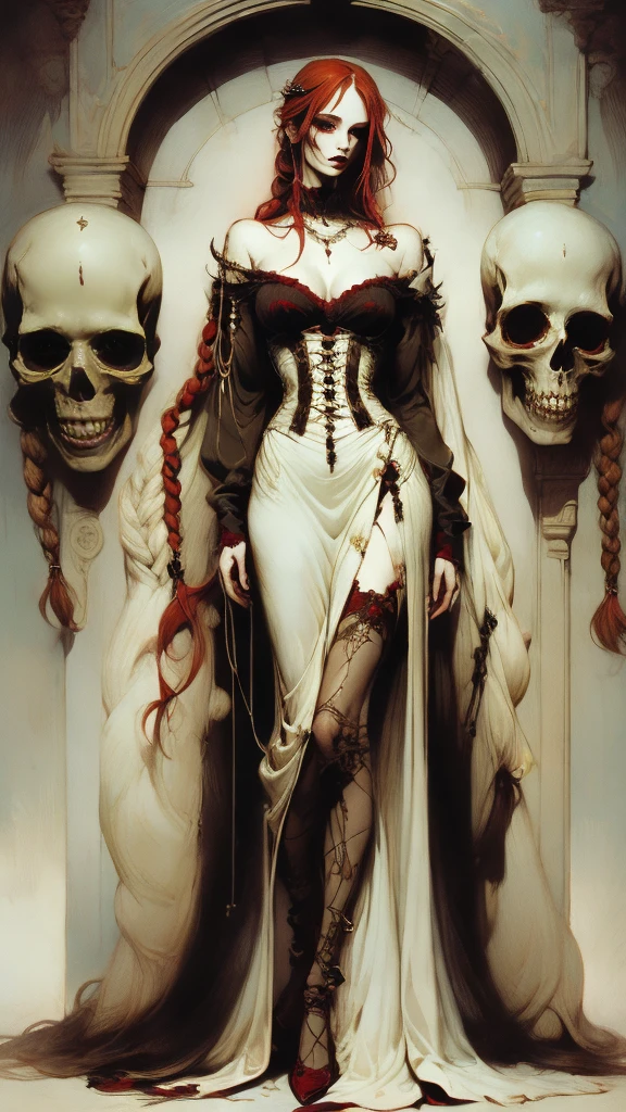 A white statue of a wavy red haired woman, com pesssoas rezando envolta, com uma grande coroa vermelha, Blood being spilled on the floor , atras um livros enorme cheio de espinhos e coruja. tered heads and skeletal skulls hanging