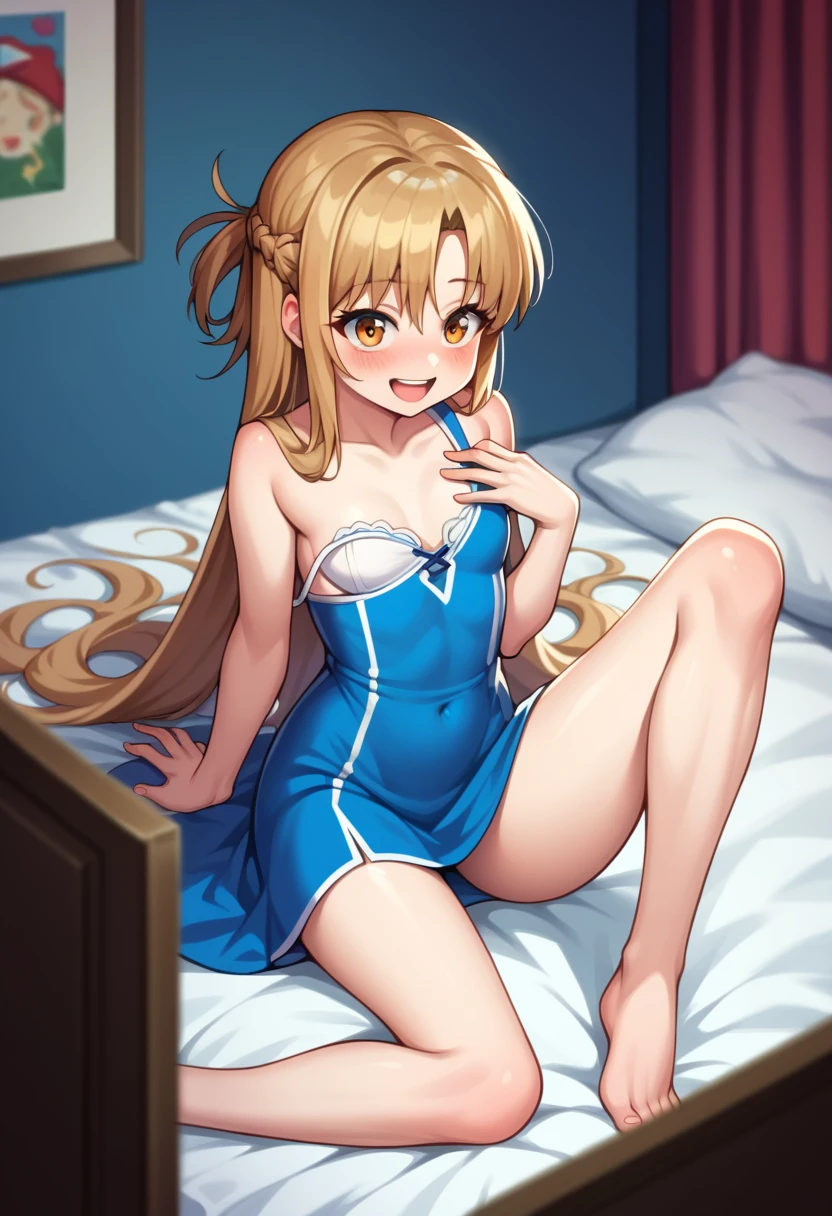 (( best quality)), ((masterpiece)), (be familiar with),  perfect face, indoor, bedroom,  watching viewers ,
One woman,  Asuna Yuki,
 characters with open mouth ,  ecstatic expression with hands in front of body, blush, smile,
Small breasts,  flat chested, Young girl, Lori,  kids,  girl,
 long hair,  long hair,
Leg spread,