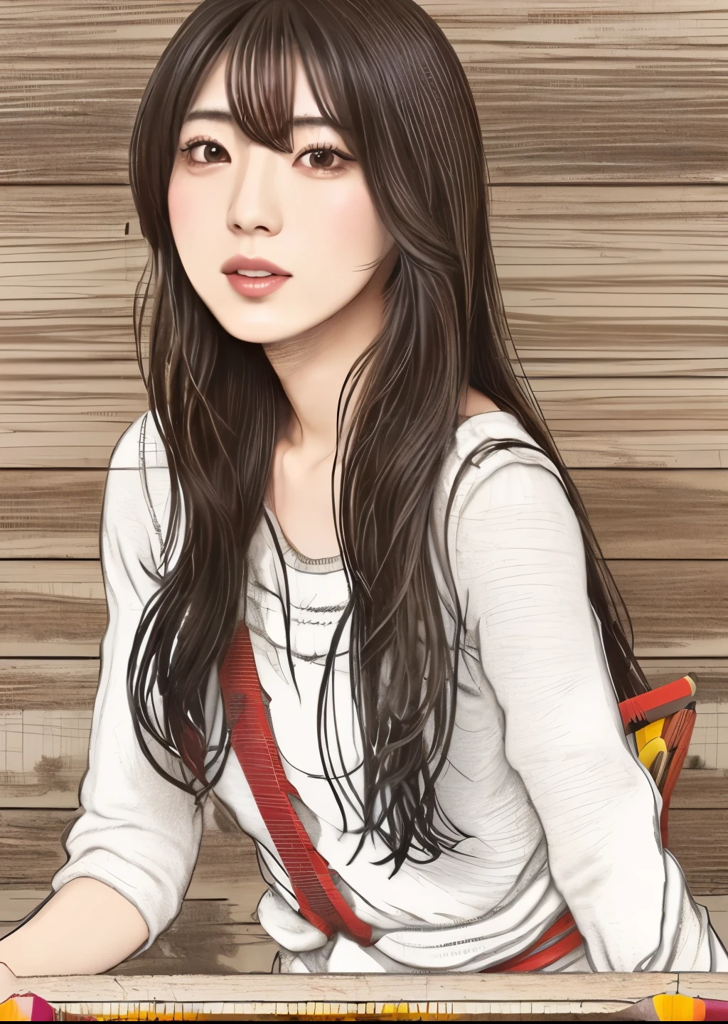 a Japanese woman, 30 years old, long hair, various camisole, slender body, (a rustic pencil-style drawing in simple background:1.5)