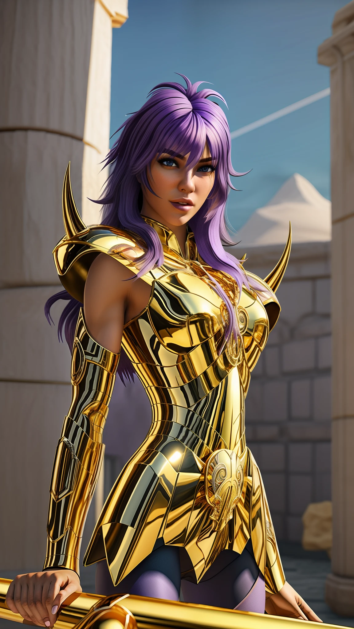 perfect eyes:1.2, detailed eyes:1.4, gold armor, armor, (purple hair:1.6), helmet, breasts, shoulder armor, medium hair, blue eyes, ScorpioArmor, Golden Armor, shoulder_armor decoration, forehead protector, forehead armor, forehead jewel, greek ruins background, golden shinning armor, cowboy shot, 1girl, solo, (masterpiece:1.6, best quality), 8k, insane details, intricate details, hyperdetailed, hyper quality, high detail, ultra detailed, professional, HDR, ray tracing reflection, cinematic lighting
