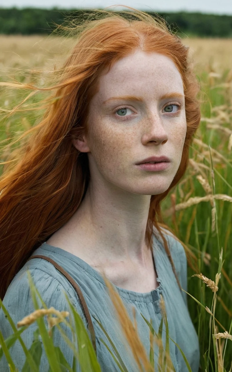 1 woman face, irish redhead , gorgeous long hair, pale skin with freckles, white dress with a strap below , very beautiful, lips semi smile ,Scottish forest background, , 8K photo quality, Realistic details, ultra definition.