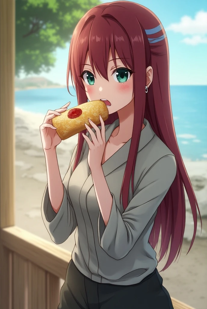 redhaired girl try to find food on beach