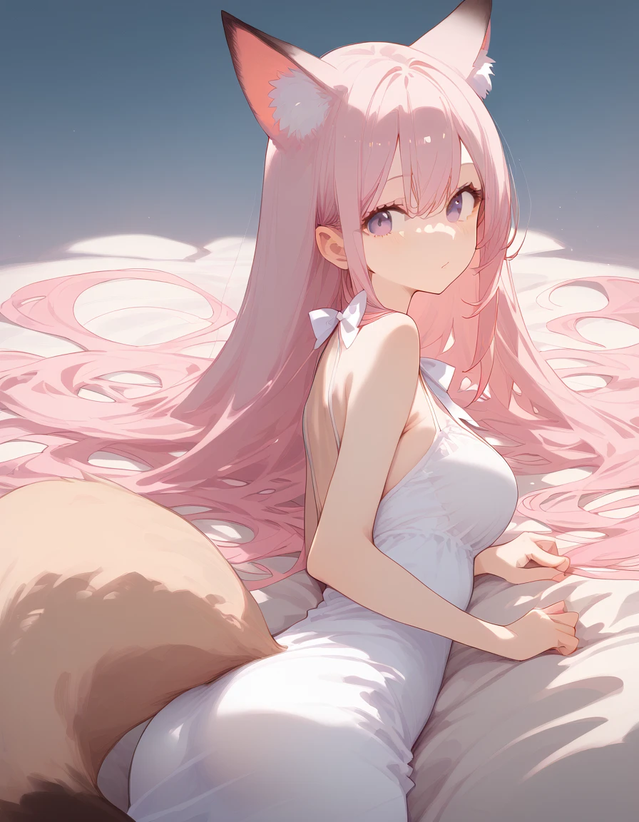 Beautiful anime girl, long pink hair, messy hair, long hair, purple eyes, fox ears, long bangs, fox tail, beautiful, ethereal, fair skin, (short white dress with bows: 1.2), ultra detailed. score_9, score_8_up, score_7_up, looking at viewer, posing. +((☺️)) slight blush. Cute