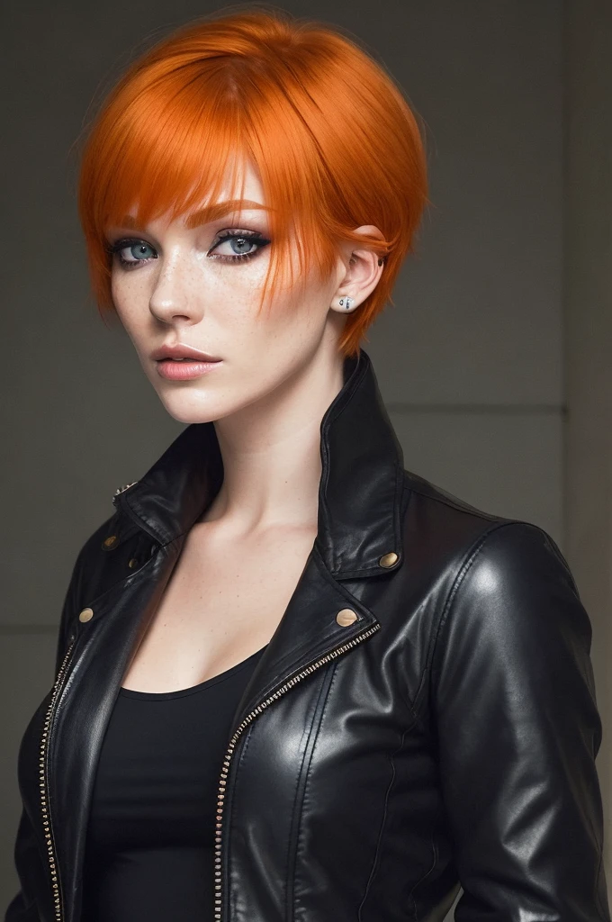  a picture of a seductive woman with a loose style (short orange hair Chanel :1.1), dark blue eyes, bored,  She wears a black leather jacket and leggings ., mask, piel Blanca, (  old school , pores of the skin:1.1), Goosebumps, flawless face, ( light freckles :0.9), (( photorealistic ):1.1), (raw, 8K:1.3), 