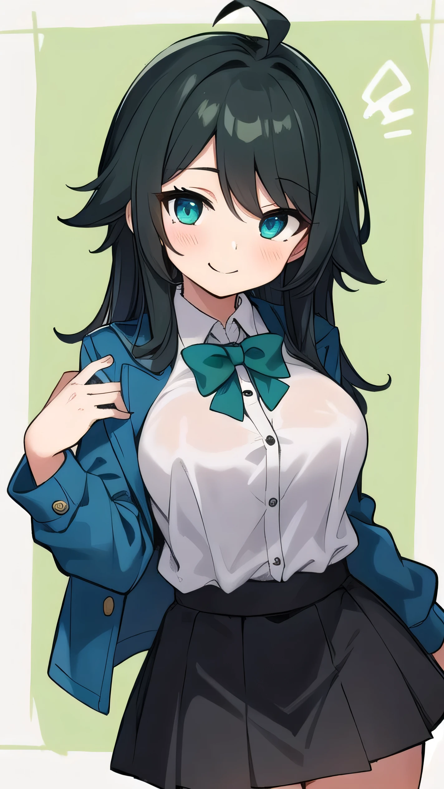 Junior high school student who looks like an elementary school student, , very short, 140 cm tall, black hair with a slight green tinge, short ahoge, beautiful long hair but with a little hair sticking out, beautiful round eyes, blue eyes, smile, boyish, long sleeves, Thick clothes, skirt, big breasts, hair longer than waist, long hair, childish face, gentle smile, a little shy, black skirt, black hair with a slight green tinge, boyish, gentle smile, jacket one size larger, ( Deep greenish black hair: 1.3),her bra is visible