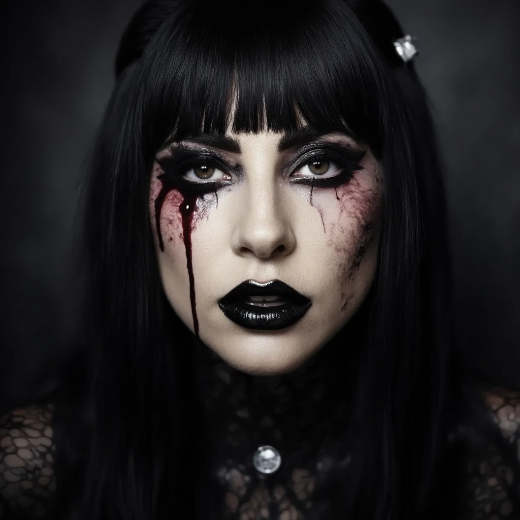 
arafed lady gaga with black makeup and blood dripping down her face, lady gaga artpop act ii, lady gaga artpop act ii album, portrait of lady gaga, artpop, lady gaga, lady gaga with her venus hair, glossy magazine photoshoot, hq artwork, flora borsi, with black eyes, black bangs, photo from vogue magazine, with a dark fringe