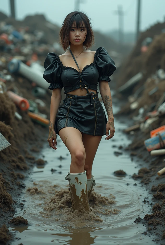 beautiful woman,pretty lady MoonLay, elegant korean model,smooth face skin, Ulzzang hair,Ulzzang makeup,double eyelids,Big eyes,flashy makeup,Semi-long,black hair,business woman,high class female secretary,night,outdoors,darkness,Southeast Asia slums,Slum Street,In the real night, in a dark alley,Narrow back alley,Between Buildings,Back alley of slum entertainment district,There is a lot of garbage on the street,Empty cans are falling,Filth is falling,Garbage dump,wet ground,In the real night, in the back alleys of the slums,In the real night,Elegant black wool business suit,black wool jacket,white collared shirt,amazing big breasts,big breasts,sexy cleavage,(Tight skirt made of elegant black wool fabric nearly cover full buttock but upskirt with white panty), sexy legs,sexy thighs,Leather Pumps,long legs,sitting in the trash can,汚いsitting in the trash can,Metal trash can sitting in the trash can,sitting with legs apart,Legs wide open,Opening her legs and showing her shorts,showing red shorts,Panty shot,looking at the camera,facing forward,facing this way,Angle from your feet, Angle from below, Angle looking up from below, Crotch show off,midnight,dark,