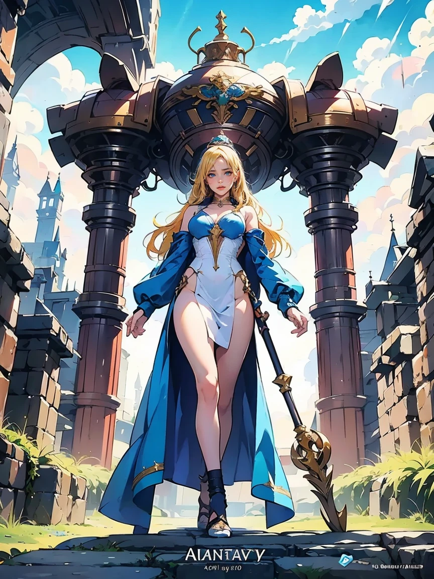 high angle, full body shot,Young woman with yellow hair in fluffy clothes and a fluffy hat, fantasy character art, amazing character art , 壮大な fantasy characterアート, HD fantasy art, Spectacular, detailed character art, realistic fantasy artwork , Fantasy Woman, Epic Fantasy Art Style HD, fantasy character, Digital Fantasy Art ), Fantasy Style Art , detailed fantasy art , High quality fantasy art, fantasy costume, Digital 2D Fantasy Art