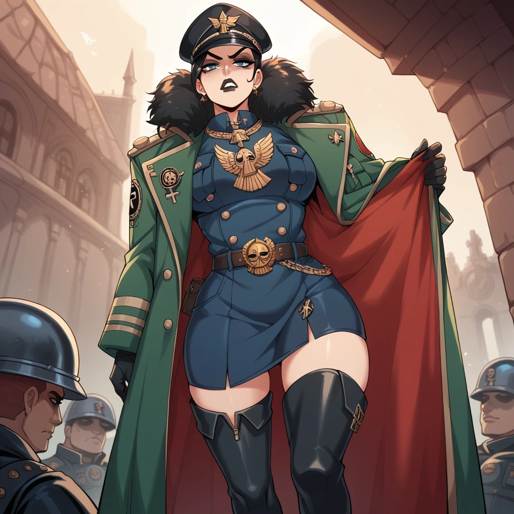 Warhammer 40k female Commissar imperial guard, Serious strict face, Black Lipstick,  Arrogant Annoying Looking, Thigh-high boots, Coat, 