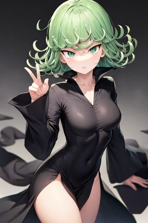 Anime girl posing naked with green hair and black dress