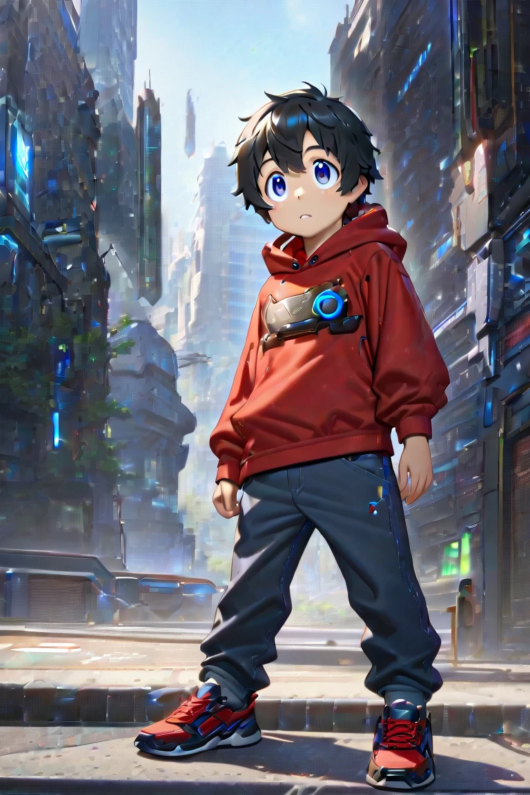 hiro hamada: young robotics genius , disheveled black hair , big and expressive eyes,  dressed in a red sweatshirt and jeans , shoes with sneakers,  characterized by a confident and curious posture,  futuristic urban environment in the background ,  atmosphere of adventure and technology . He wears Iron Man's armor but without the helmet 