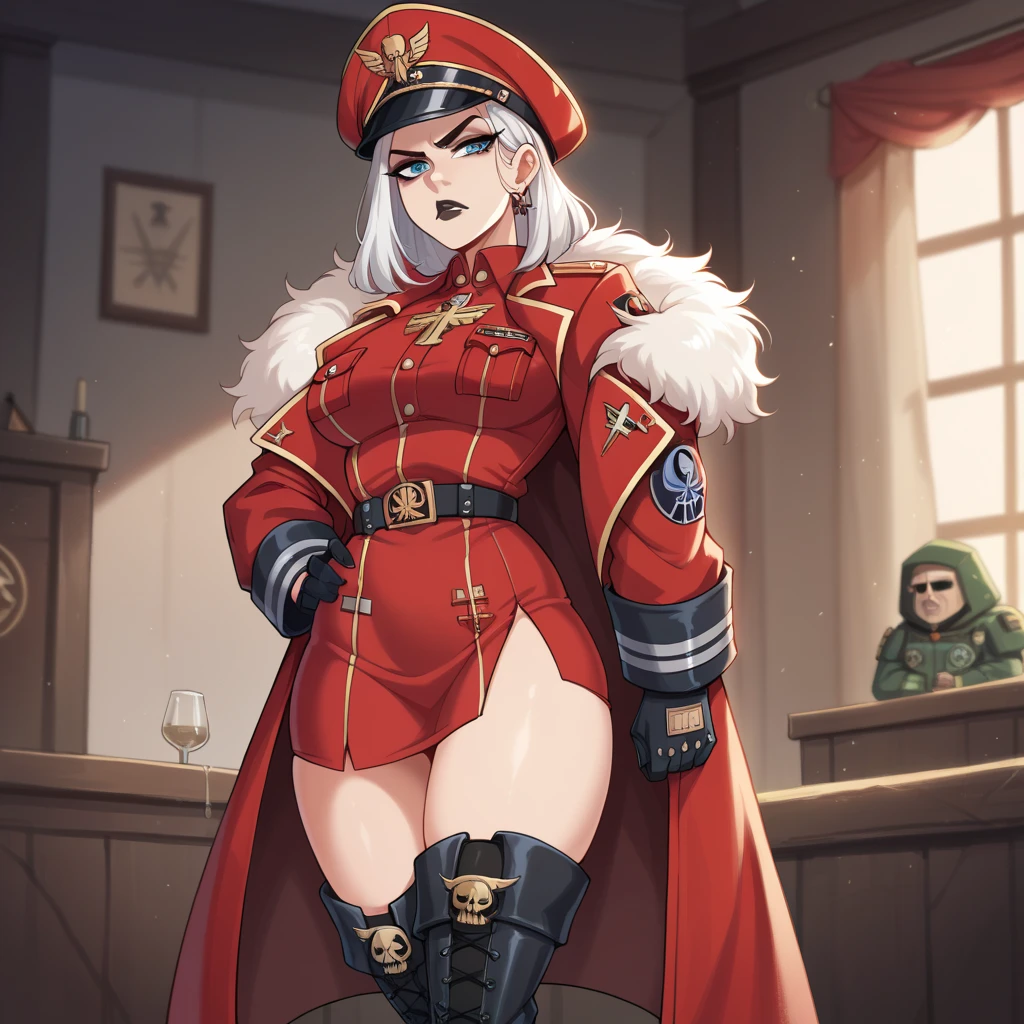 Warhammer 40k female Commissar imperial guard, Serious strict face, Black Lipstick,  Arrogant Annoying Looking, Thigh-high boots, Coat, solo, red outfit 🫵