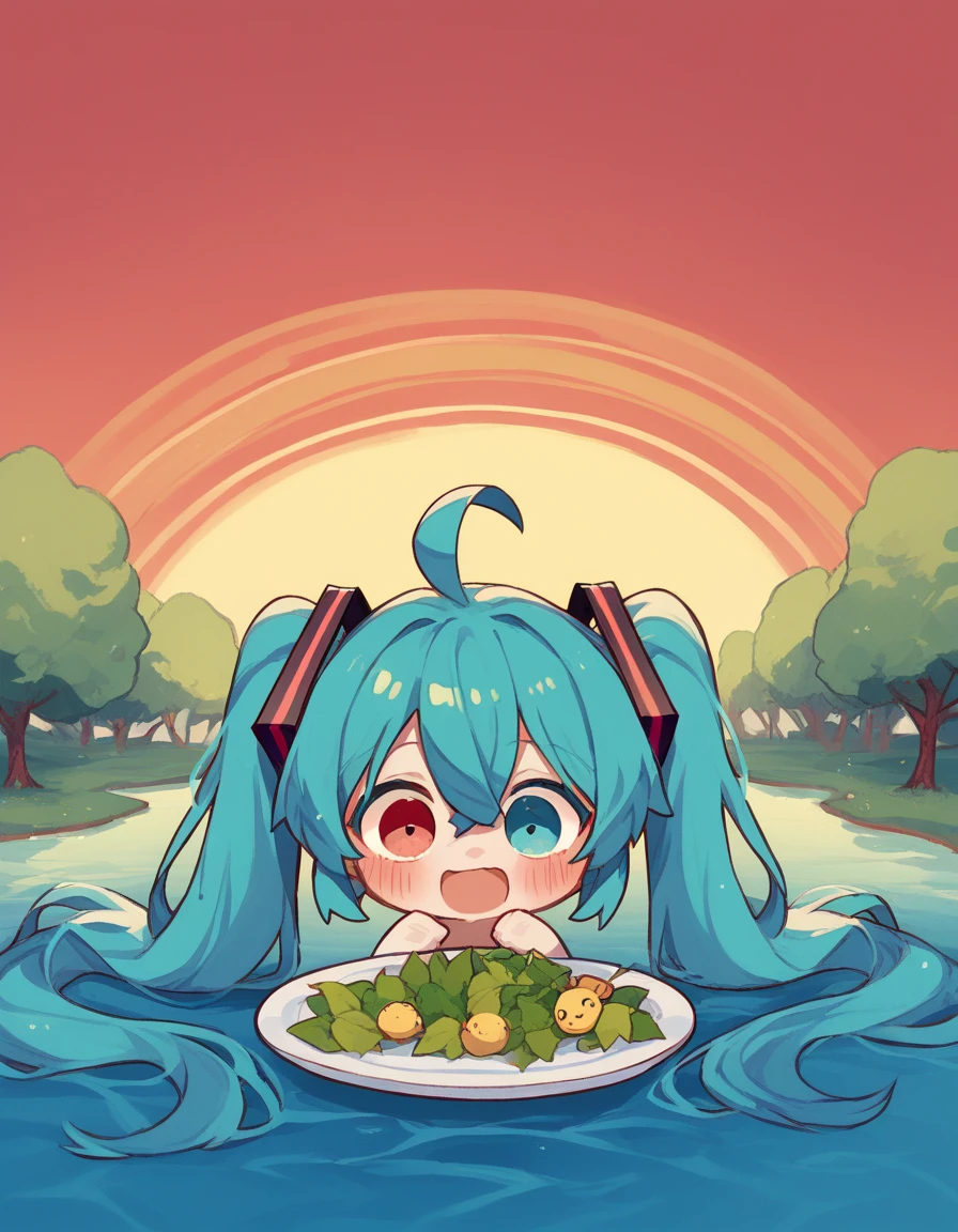 Miku Hatsune, 1 girl, Ahoge,  eyes Heterochromia red green,  water colored hair , Crossed bangs, hair between eyes,  hair ornament , AuriculAres,  long hair, two stories, loca, excited, lying on the ground, Chibi,  red river , blue trees , red sky,  looking at the sky , vomiting, plate with green herbs, Ropa Rora , little elves , Surprised, happy,  scared , psychedelic background, craziness, losing his mind