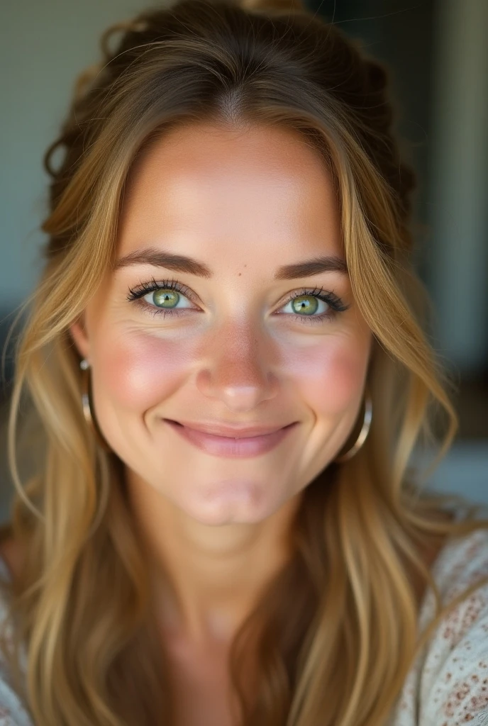 Woman with green eyes and tied yellow hair smiling and selfie-like photo