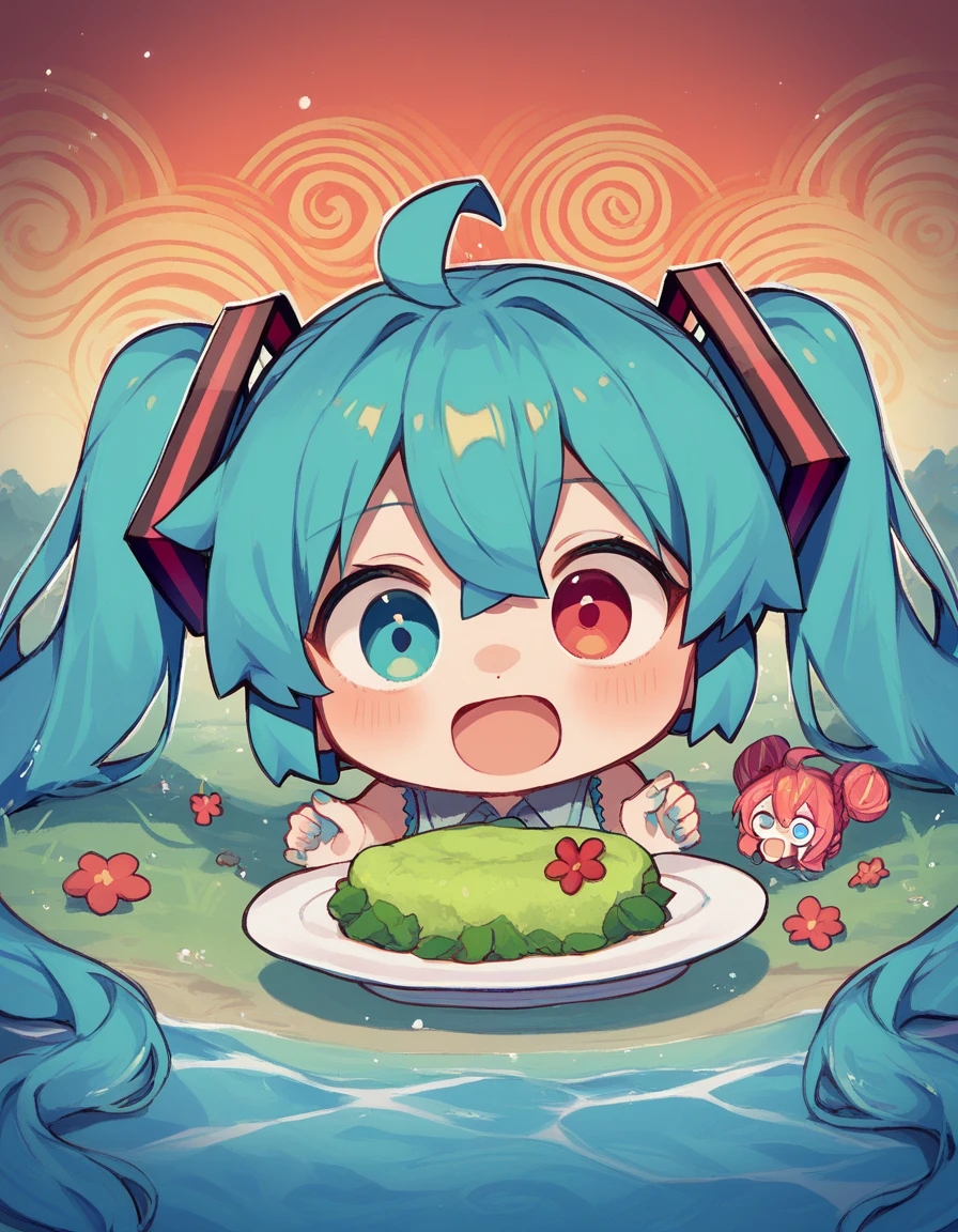 Miku Hatsune, 1 girl, Ahoge,  eyes Heterochromia red green,  water colored hair , Crossed bangs, hair between eyes,  hair ornament , AuriculAres,  long hair, two stories, loca, excited, lying on the ground, Chibi,  red river , blue trees , red sky,  looking at the sky , vomiting, plate with green herbs, Ropa Rora , little elves , Shocked, happy, psychedelic background, craziness, losing his mind