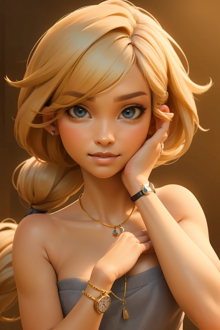 (masterpiece, best quality, ultra-detailed, highres, 4k),(beautiful detailed eyes),(very detailed face),(1girl),HDR,long hair, blue eyes, blonde hair, bracelet, jewelry, watch, lips, solo focus, nail polish, ponytail, blurry background, smirk, wristwatch, realistic, naked, nude