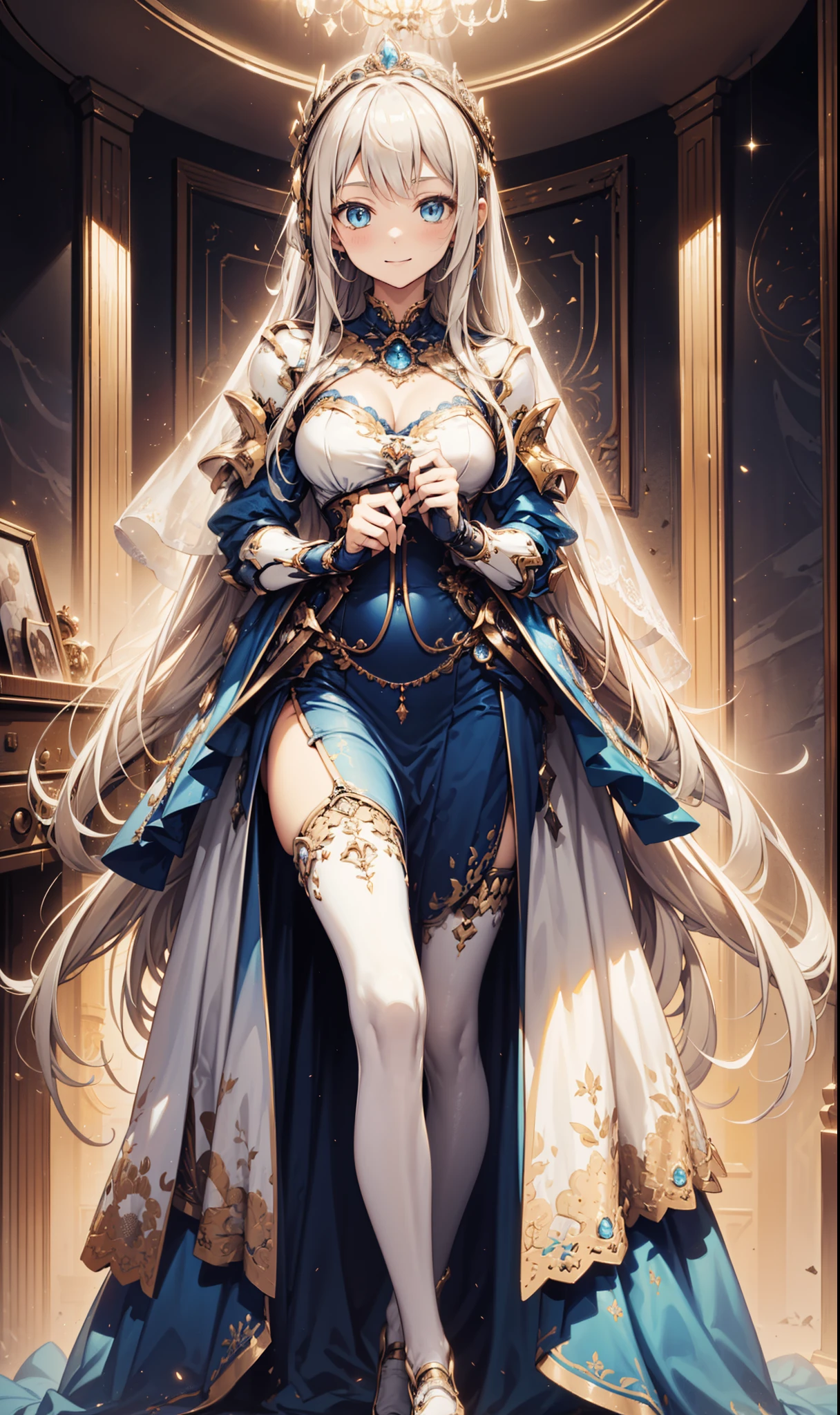 Master anime work, impeccable masterpiece, a mature noblewoman standing on a pure white background in a cool and sexy costume, female boss, flowing silver hair, full body standing, slender legs, straight breasts, detailed face details, natural and beautiful standing posture, vivid and real body details