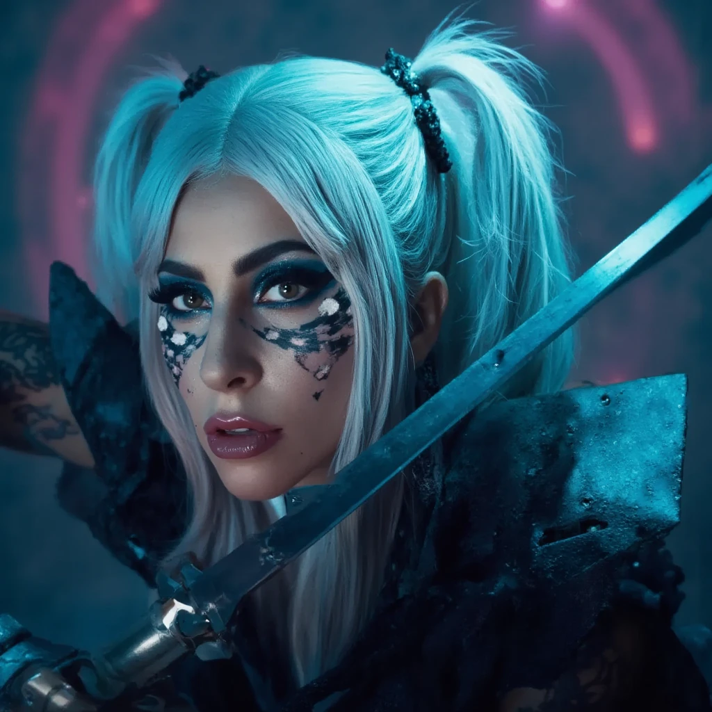 a close up of a lady gaga with a sword in a cave, cyberpunk art inspired by Jules Chéret, Artstation contest winner, fantasy art, arcane jinx, jinx from league of legends, portrait of jinx from arcane, jinx from arcane, jinx face, jinx expression, league of legends character, league of legends character art, league of legends art