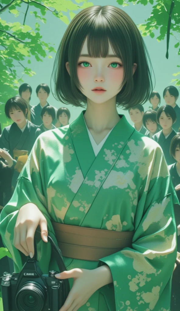 (((Green World:1.3)))、 best quality,  table top ,  high definition , ((( 1 girl))), ************,((( eyes are green :1.3)))、 Yamato Nadeshiko wears a kimono beautifully、((12 people 、伝統的な12 people )),  Tyndall effect, Realistic, Shadow Studio,Ultramarine Lighting ,  dual tone lighting, ( High Detail Skin : 1.2)、dim lighting、Dim lighting、  DSLR Camera ,   photos with wide cuffs on the wrist ,  high definition , 4K, 8k,  background blur, beautiful fade out、Green World