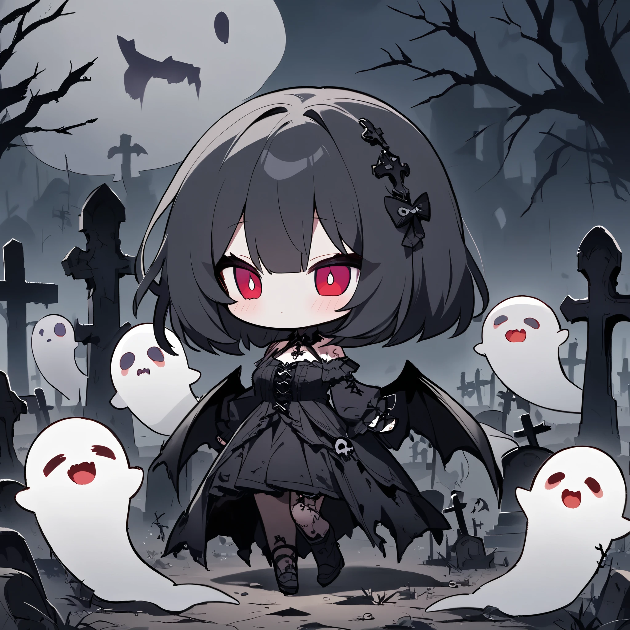 derelict graveyard,dark gothic,chibi ghost