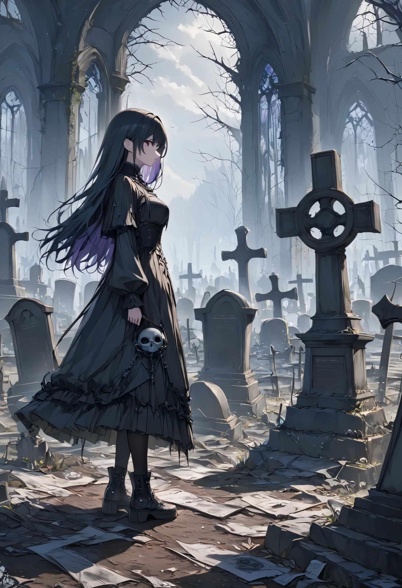 masterpiece, best quality, 8k, highres, ultra-detailed, HDR, UHD, 1girl,full body,side view,drkgirl, derelict graveyard,dark gothic