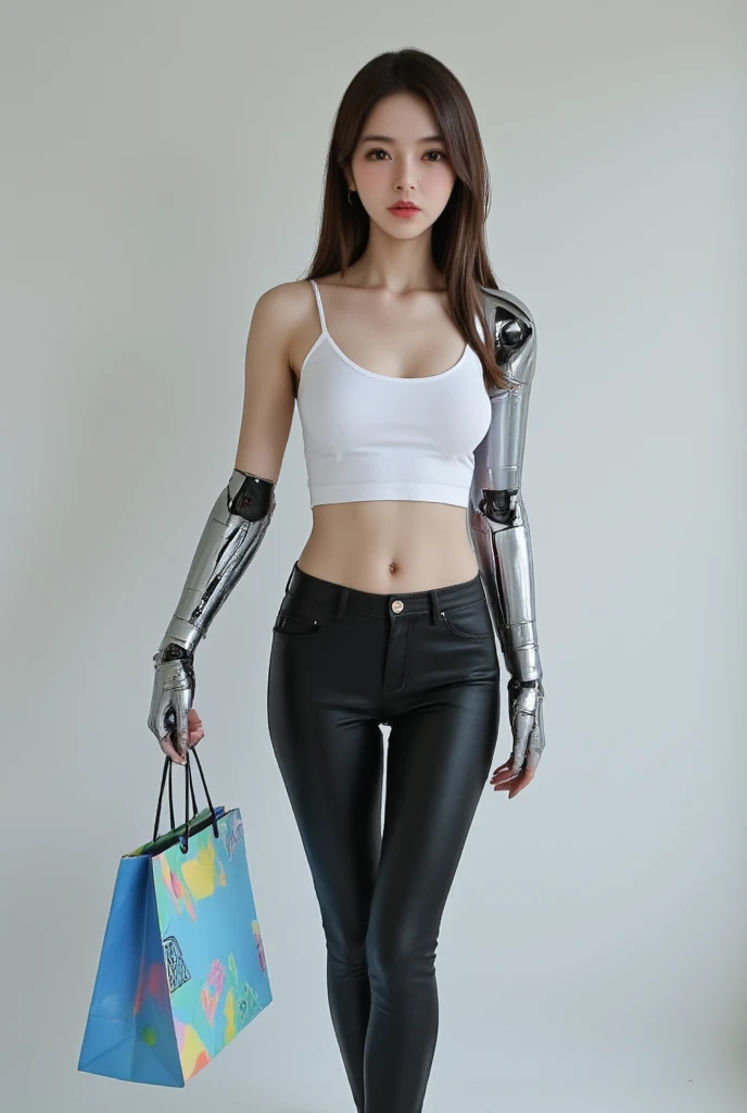 High definition Photography, full-body, (Beautiful face young Japaness), (Beautiful cup-A chests, white pale skin, soft makeup and lipstick), robotic arm, silver hand, Prosthetic part and cyberware accessories, (pretty tanktop and skinny leather pants), carry a lot of shopping bag at all,