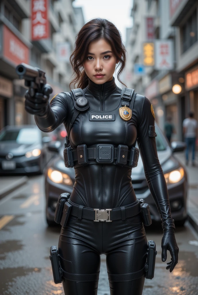 (( is of the best quality, 8K, masterpiece: 1.3)), Sharp: 1.2, Perfect body beauty: 1.4, Slim abdominal muscles: 1.2, ((layered hairstyle, Big : 1.2)), (Wet White Button Long Shirt: 1.1), (Bulletproof police car, street: 1.2), Wet: 1.5,  highly detailed facial and skin textures,  Delicate eyes, Double eyelids, Look at the lens, White police uniform ,  tall and big, badge, Bulletproof vest, Intercom,  Female Soldier Aiming at the Camera Pistol , Fully Armed, Black leather pants, Special Forces,