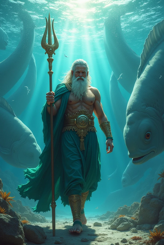 In the depths of the sea, surrounded by vibrant corals and mysterious marine creatures, Poseidon, a powerful man with a flowing beard and piercing eyes, stands tall, ancient Greece, wearing a grand, sea-blue robe adorned with shells, in the heart of the ocean, holding a massive trident, in the background, the dim light filters through the water, illuminating his imposing figure, hyper-realistic, photo realism, cinematography -- ar 9:16