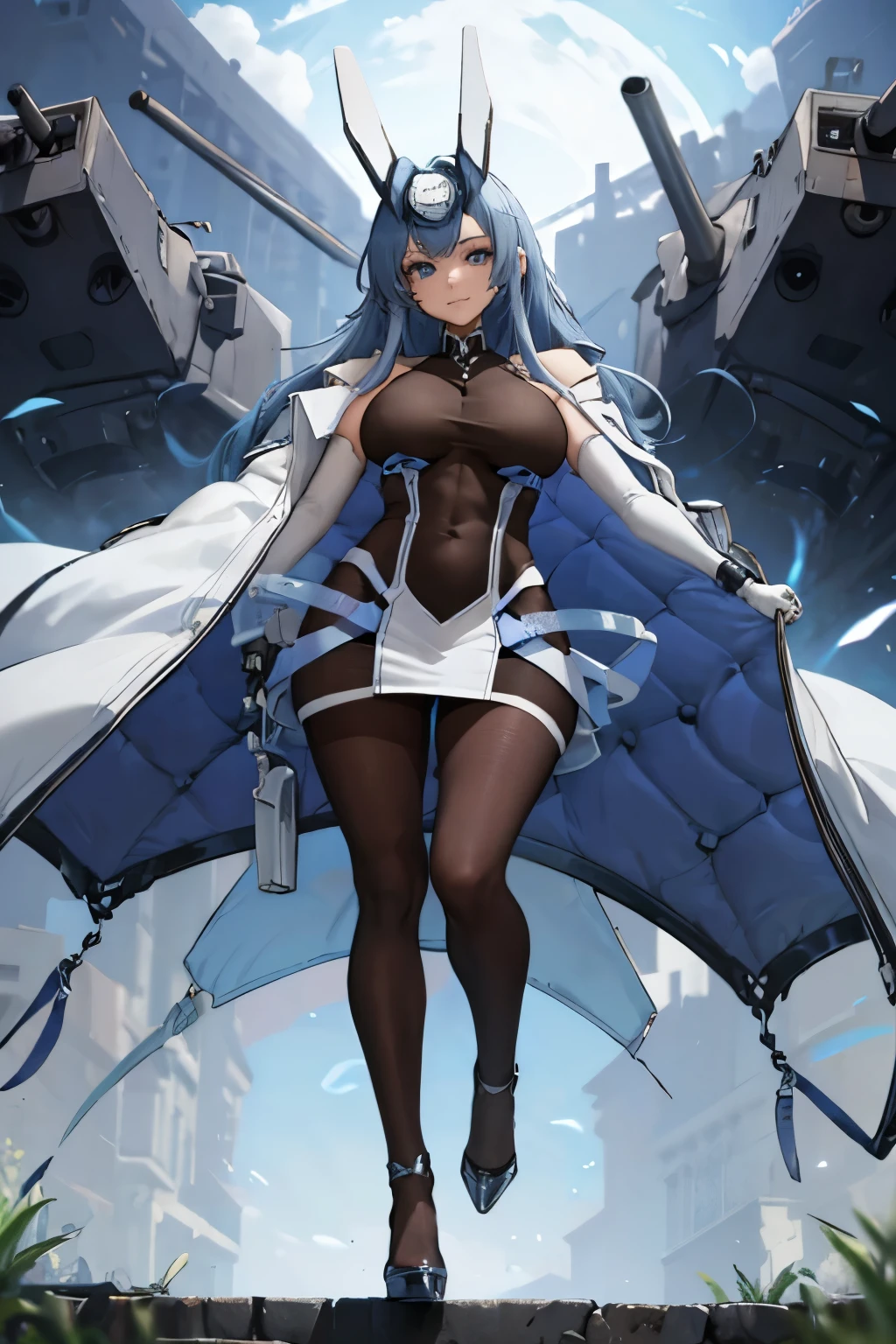 ((plump breasts)), (jambes grasses), ((fields)), ((perfect hands)), ((glossy pantyhose)), (finely detailed eyes and detailed face:1.3), (extremely fine and beautiful:1.1), (Perfect details:1.1), New Jersey, Azur Lane, long hair, gloves, white gloves, tank top, blue hair, coat, headgear, dress, coat on shoulders, high heels, white dress, bangs, blue eyes, smile, white coat, elbow gloves, covered navel, open coat, hair between eyes ((glossy gray pantyhose)), (view from behind), ((full body)) (view from below)