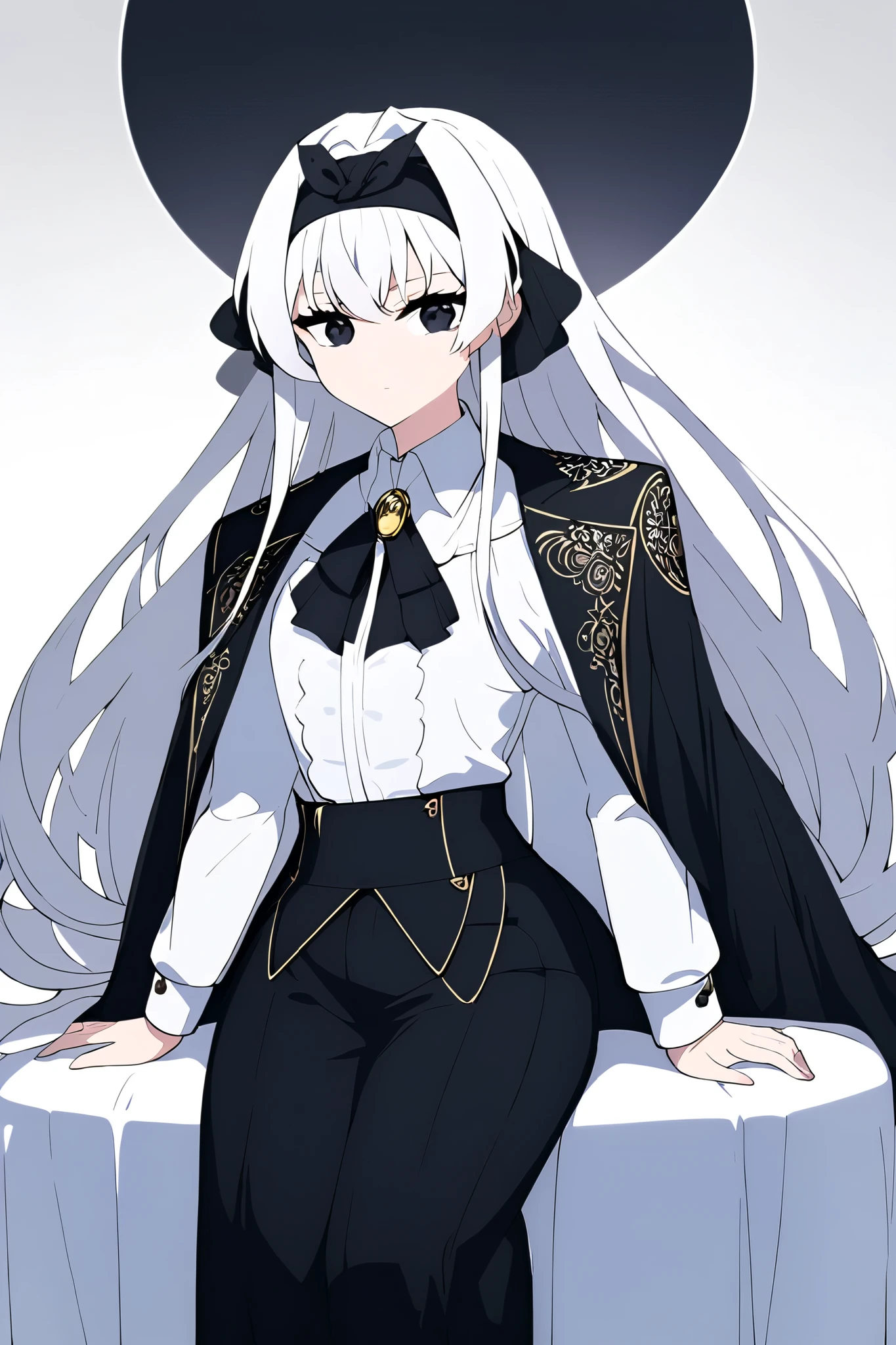  A young woman with long white hair ,  that falls in perfectly stylized locks on both sides of her face .  She wears a black headband , that keeps the hair tidy ,  loose ones frame her oval .  Her expression is serious ,  with large shiny black eyes ,  that convey determination and depth .

 Her outfit combines an elegantly styled school uniform with magical and decorative elements.  She wears a white shirt with a formal collar ,  decorated with a brooch with an oval gold gem in the center,  that adds an air of sophistication . On top of the shirt,  wears a short black cape with golden edges ,  adorned with ornamental motifs that suggest an important rank or position .  The cape rests on her shoulders ,  adding a mysterious and authoritarian atmosphere .

 Her uniform style pants are black with a double white hem .  Complete the outfit with black shoes , formal and elegant .

 The character is seated ,  face with an outstretched arm slightly to the side ,  suggesting confidence or preparation for action . Her figure is slim and stylized,  which reinforces the perception of grace and elegance .