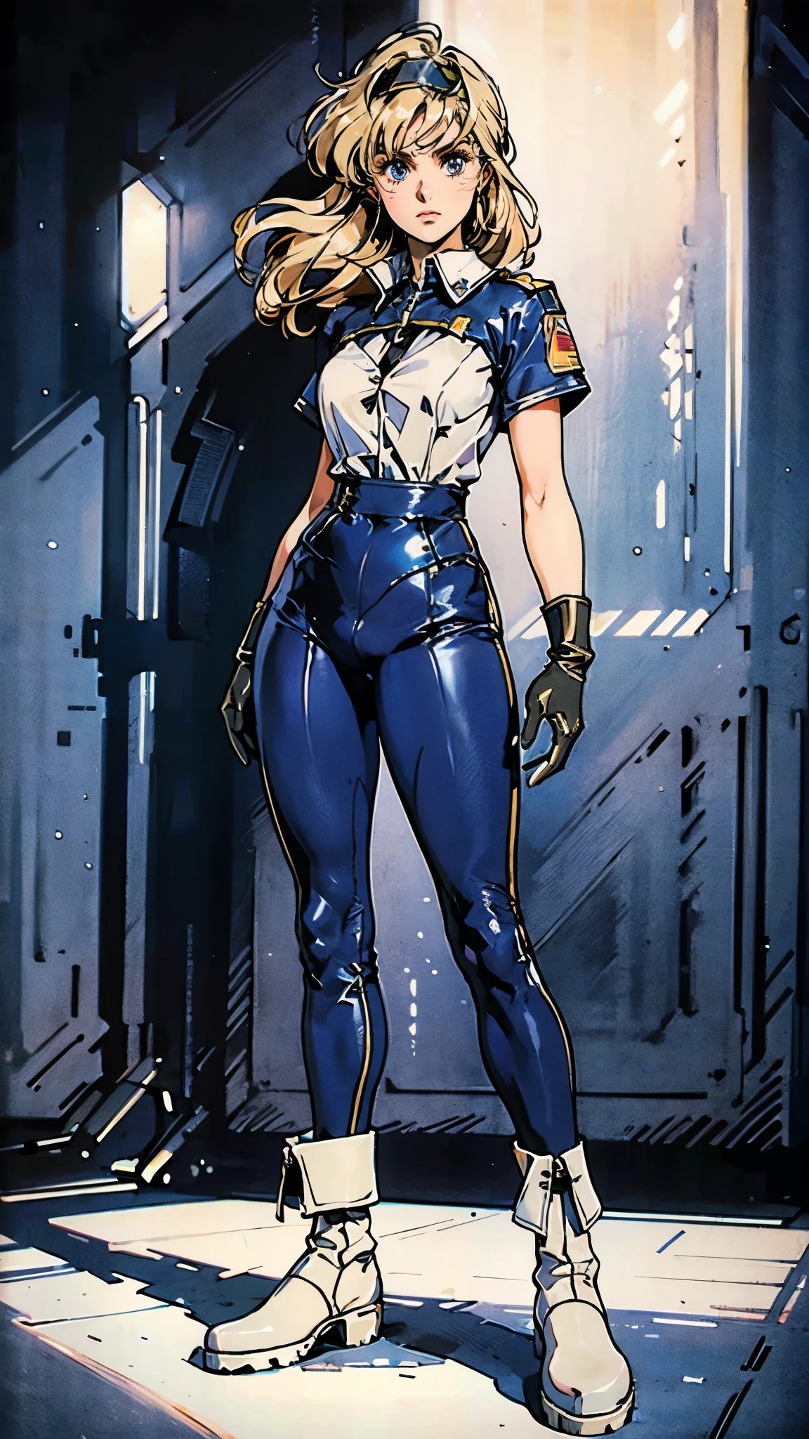 (masterpiece:1.2, best quality:1.2, extremely delicate:1.2), ((Alexandra Daddario:1.2)), a girl with short light golden hair, a metal headband on her forehead, icy gaze, detached expression, smooth and exquisite facial appearance, perfect body, perfect skin, porcelain skin, pale skin, sci-fi military uniform, short sleeves, gloves, short skirt integrated with the outfit, dark fitted pants, knee-high military boots, the color scheme is primarily White with Blue and Yellow accents, surrounded by AR virtual interfaces, standing in a futuristic sci-fi-styled room, this character embodies a finely crafted futuristic sci-fi female officer in anime style, exquisite and mature art style, exquisite photography, Photo realism, photorealistic, even and soft lighting on face, dramatic, high definition, highres, ultra-detailed, ultra-fine painting, professional, perfect body proportions, anatomically correct, symmetrical face, extremely detailed eyes and face, high quality eyes, creativity, RAW photo, UHD, 32k, portrait lighting, Natural light, cinematic lighting, (masterpiece-anatomy-perfect:1.2)