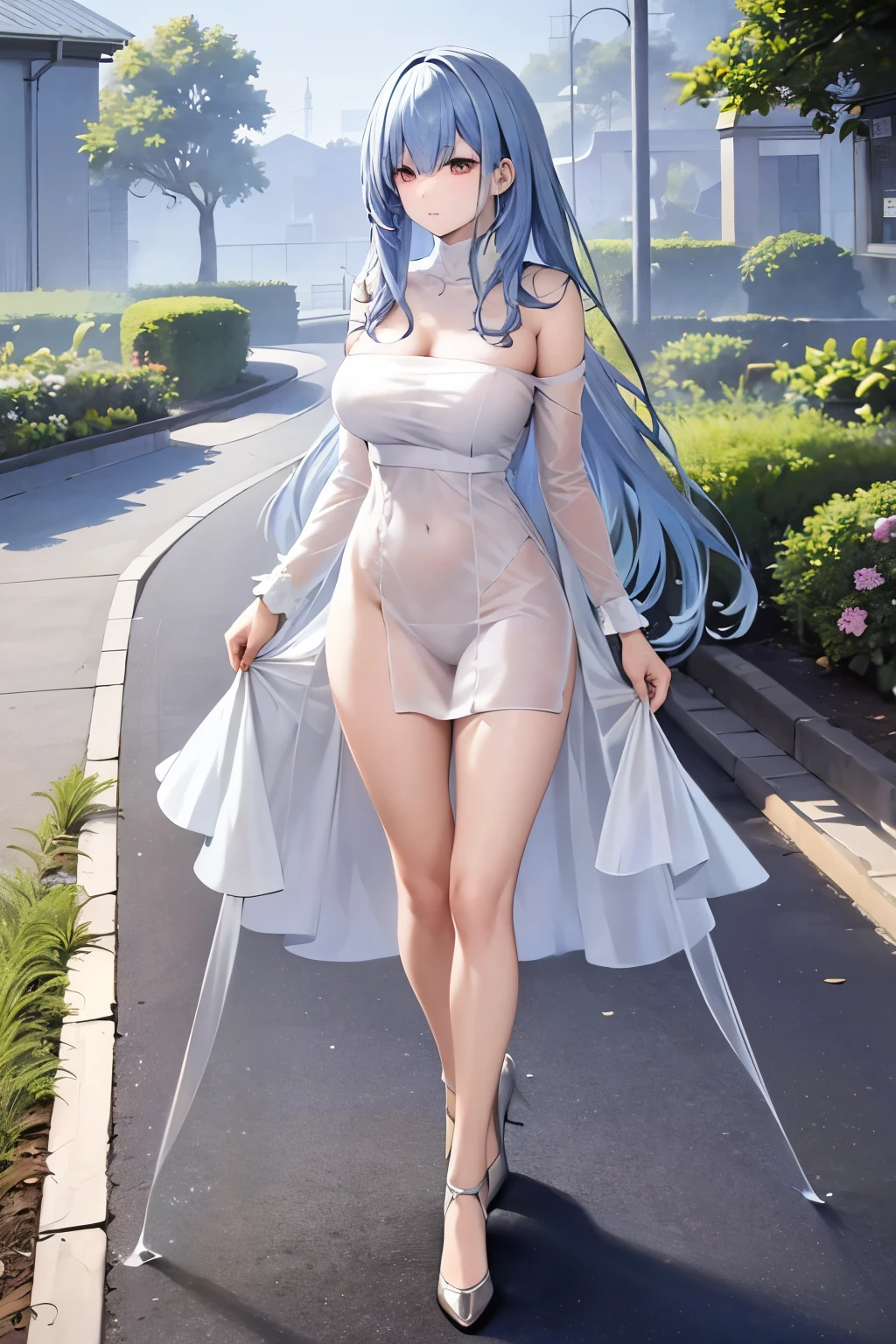 beautiful woman 28 years old light blue hair, ojos azules. big breasts bare pale skin. sonrisa malvada. rubor. desnuda sin bragas pechos grandes. desnuda fondo una cama . sudor en sus pechos. desnuda . imagen cuerpo completo, desnuda. una joya en su frente pechos grandes