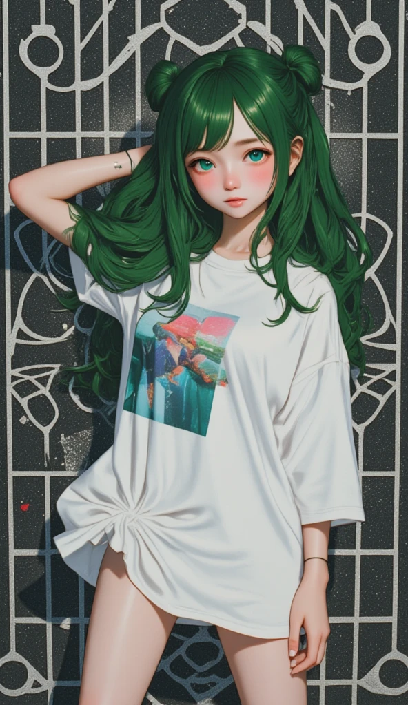  anime style、 anime style、Geometric pattern background:1.3、 dark color、 cute girl hair、 Look Away、white baggy Ｔ shirt、プリント shirt、 loose closure 、Retro、 best quality、 super detailed、High quality details、green