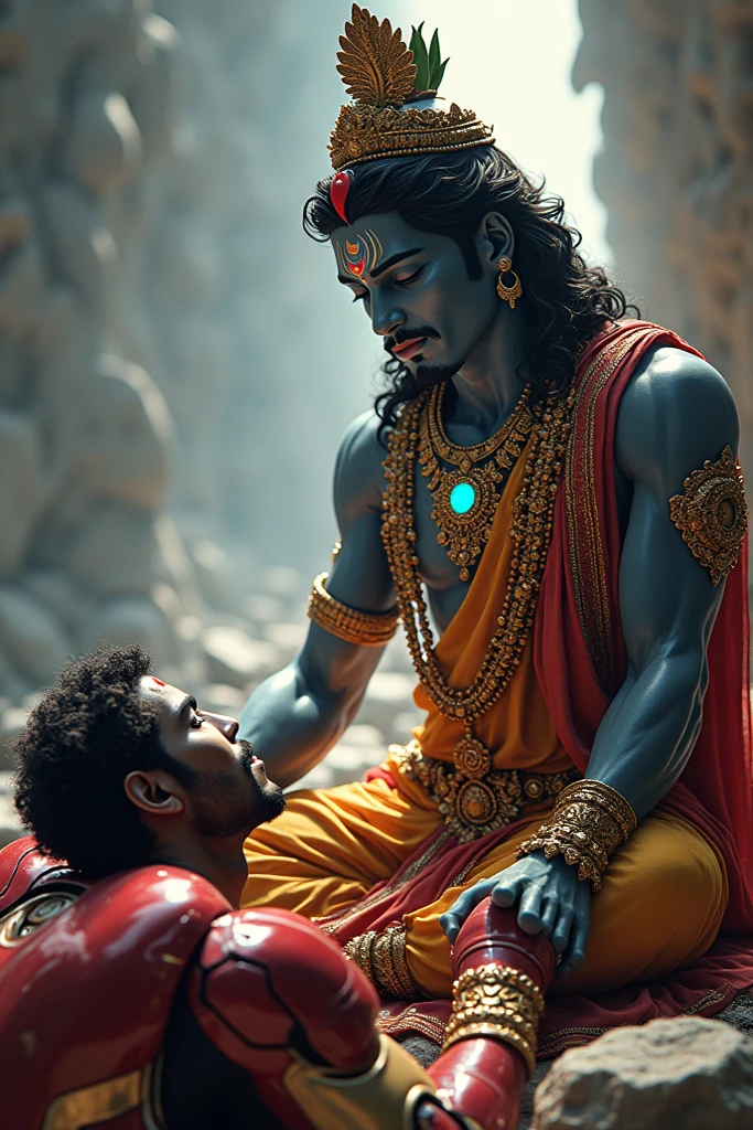 a adult boy sleeping his head is in the lap of goddess chandi . lord shiva vishnu and all the gods are present around