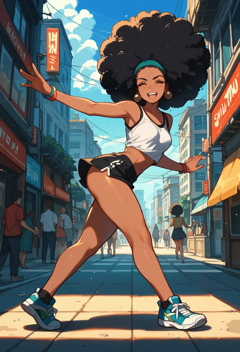  Graphite of an Afro girl with black hair, dancing, Twerking comic book style ,,colorful and short costume,urban environment 