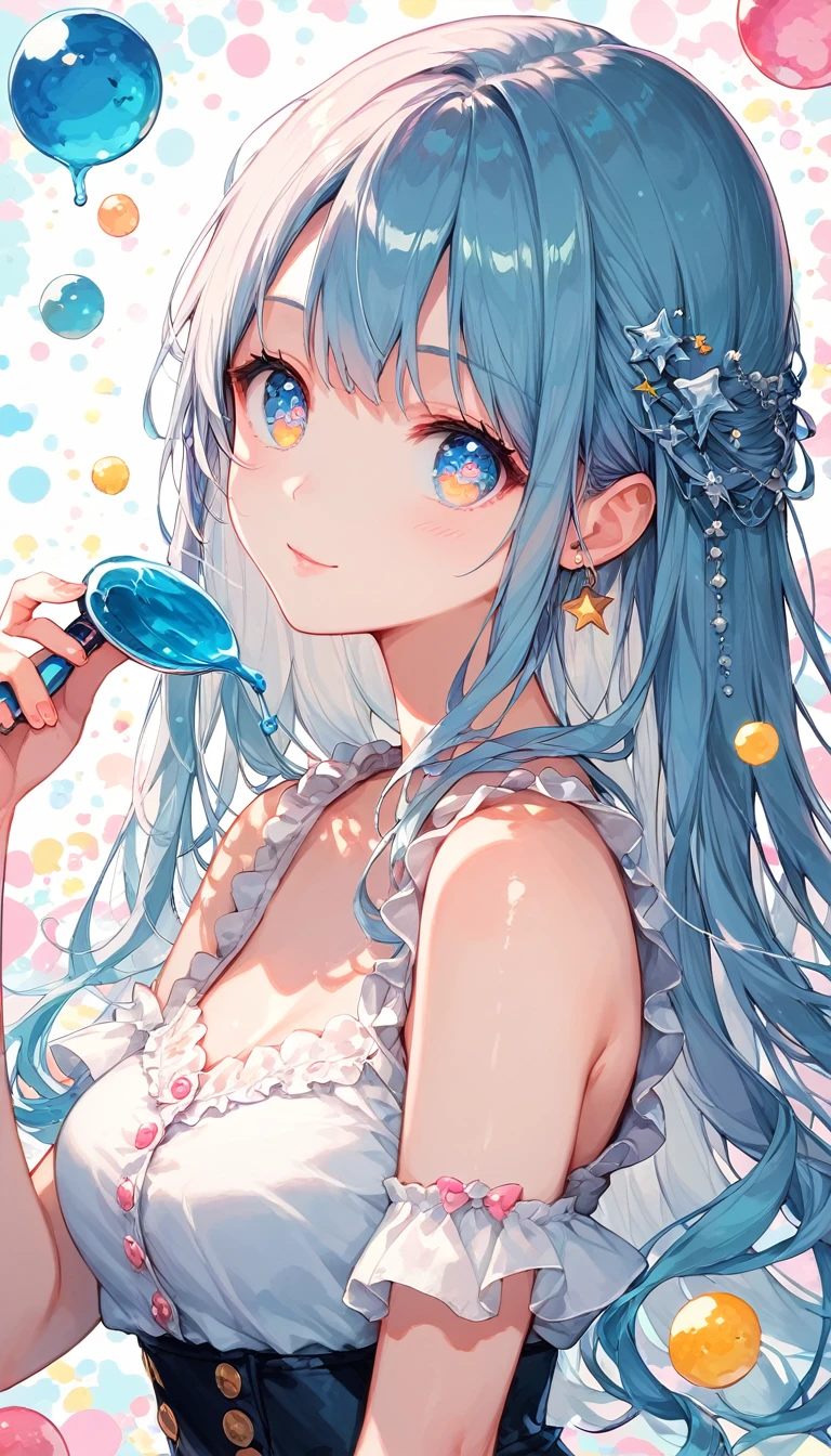 Delicate and beautiful face and eyes,Focus on the face, Deep sea background,Tabletop,Detailed Splash Water, Beautiful detailed water, Sensation of shock, (Genuine: 0.5), Original 2 High Saturation, (Surrounded by colorful splash spots), Multicolored bubbles, glasser maid))、泡のあるRainbow backgroundの接写, ethereal Rainbow Bubbles, Bokeh iridescent accents, Bokeh. iridescent accents, Rainbow Background, Colorful refracted glow, Soft Rainbow, Shiny colorful, Bright Sky, Colorful background, Rainbow background, Rainbow Bubbles, Colours of Heaven, Sparkly Background, Fantasy Rainbow, Background pastel, The background is like heaven、Close up of a pile of colorful plastic beads, Candy, sweets, candy, candy colors, candy pastel, candy decorations, Lollipops, gummy Candy, Made by Lollypops, made of candy and lollypops, sweet, candy treatments, Gumdrop, Lollipop, made of candy, candy land, jelly, everything is made of candy, Whirlpool、青いドレスとストッキングを着てベッドに座っているアルファフィーwoman, Translucent dress, beauty lingerie, iridescent shiny thin lingerie, Translucent silk dress, pale, Wave Lingerie, sexy gown, Bright blue shiny lingerie, Blue underwear, Icy Blue Dress, Light blue, Pastel Blue, woman, thin, Sky blue dress, wearing sexy lingerie