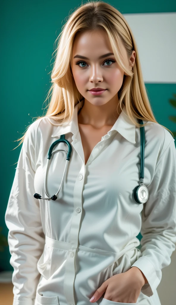 "A realistic depiction of a blonde female doctor wearing a white lab coat, looking directly forward with a professional expression. She has neatly styled hair, minimal makeup, and a stethoscope around her neck. The background is a solid green, giving a clean and medical feel to the image. The setting is well-lit with soft, natural lighting."
