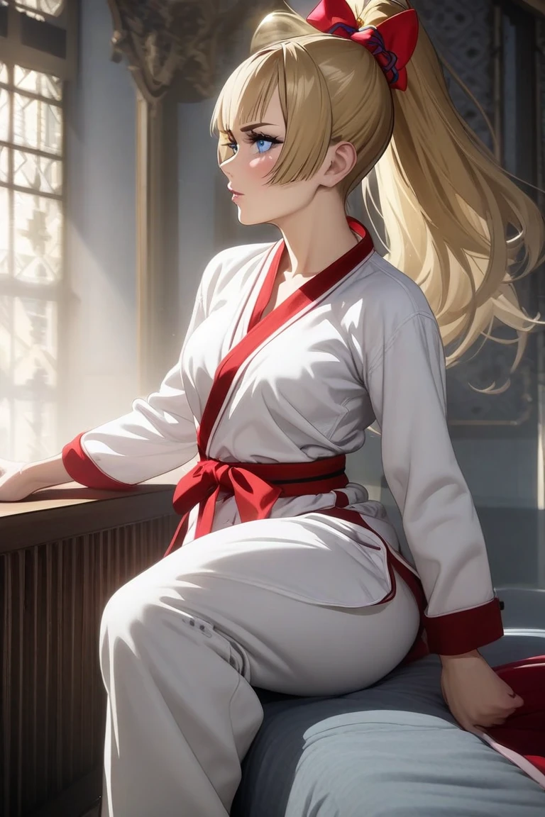 masterpiece, ultra high quality CG, best quality, perfect picture, solo, lidia sobieska (tekken, blonde hair with high ponytail, blue eyes, red hairbow, strong), wearing a sexy karate outfit, sitting on the bed, looking sideways, blushing, shoulders showing, in a European mansion