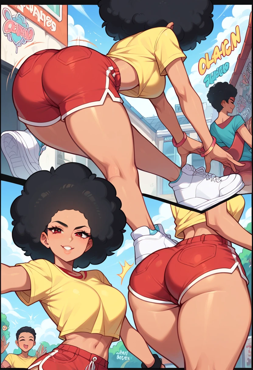  Graffiti of an Afro girl with black hair, 1 girl,dancing, Twerking comic book style ,((yellow top,short red shorts )),white sneakers, thick thighs ,perfect anatomy 