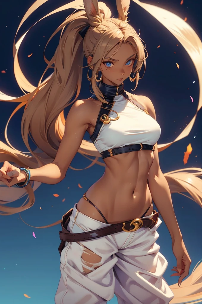 Bunny woman, rabbit woman, baggy pants, belt, blue eyes, tan skinned female, tanned, tan skin fingernails,, long pony tail, light brown hair, midriff