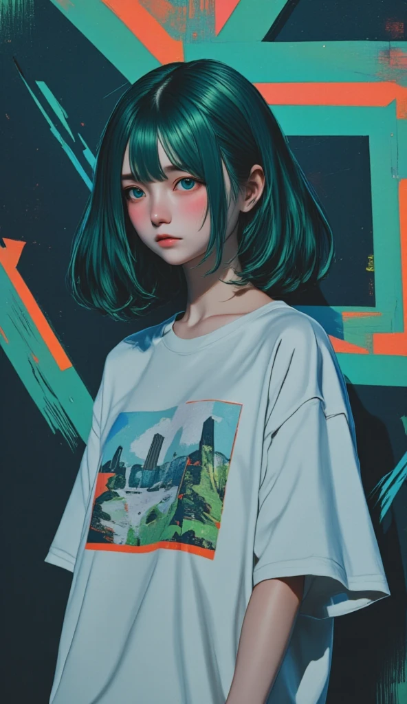  anime style、 anime style、Geometric pattern background:1.3、 dark color、 perfect anatomy、 cute girl hair、 Look Away、white baggy Ｔ shirt、プリント shirt、 loose closure 、Retro、 best quality、 super detailed、High quality details、green、群green、blue