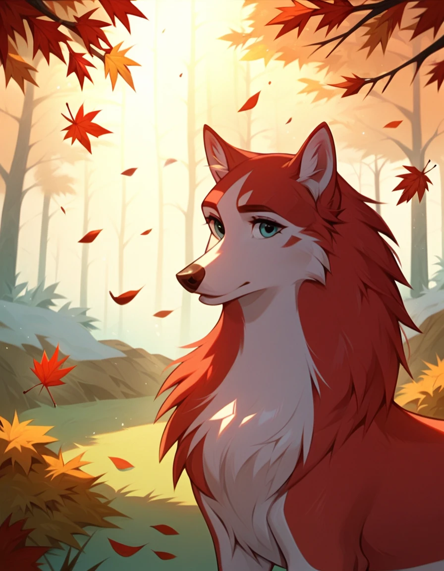 Score_9, Score_8_up, Score_7_up, Score_6_up, Score_5_up, Score_4_up, wild, Jenna, wolfdog, soft fur with red tones, looking at you, surrounded by a mystical grove of white birch trees with vibrant crimson leaves, the ground covered in a carpet of soft moss and scattered leaves. Jenna sits gracefully on a smooth stone, her posture elegant yet relaxed, her head slightly tilted back as she gazes upward, her eyes wide with wonder and a playful smirk gracing her lips. The crimson leaves drift gently in the breeze, some caught in her fur, adding a whimsical charm. Golden sunlight streams through the canopy, creating dappled patterns on her fur and the surrounding landscape, while the distant glow of an enchanted stream shimmers in the background. Her paw lightly rests on her chest as if she’s caught in a moment of playful surprise, exuding confidence and charisma. The intricate details of the birch bark and the vibrant hues of the forest enhance the dreamy, serene atmosphere, making the scene feel alive and otherworldly.